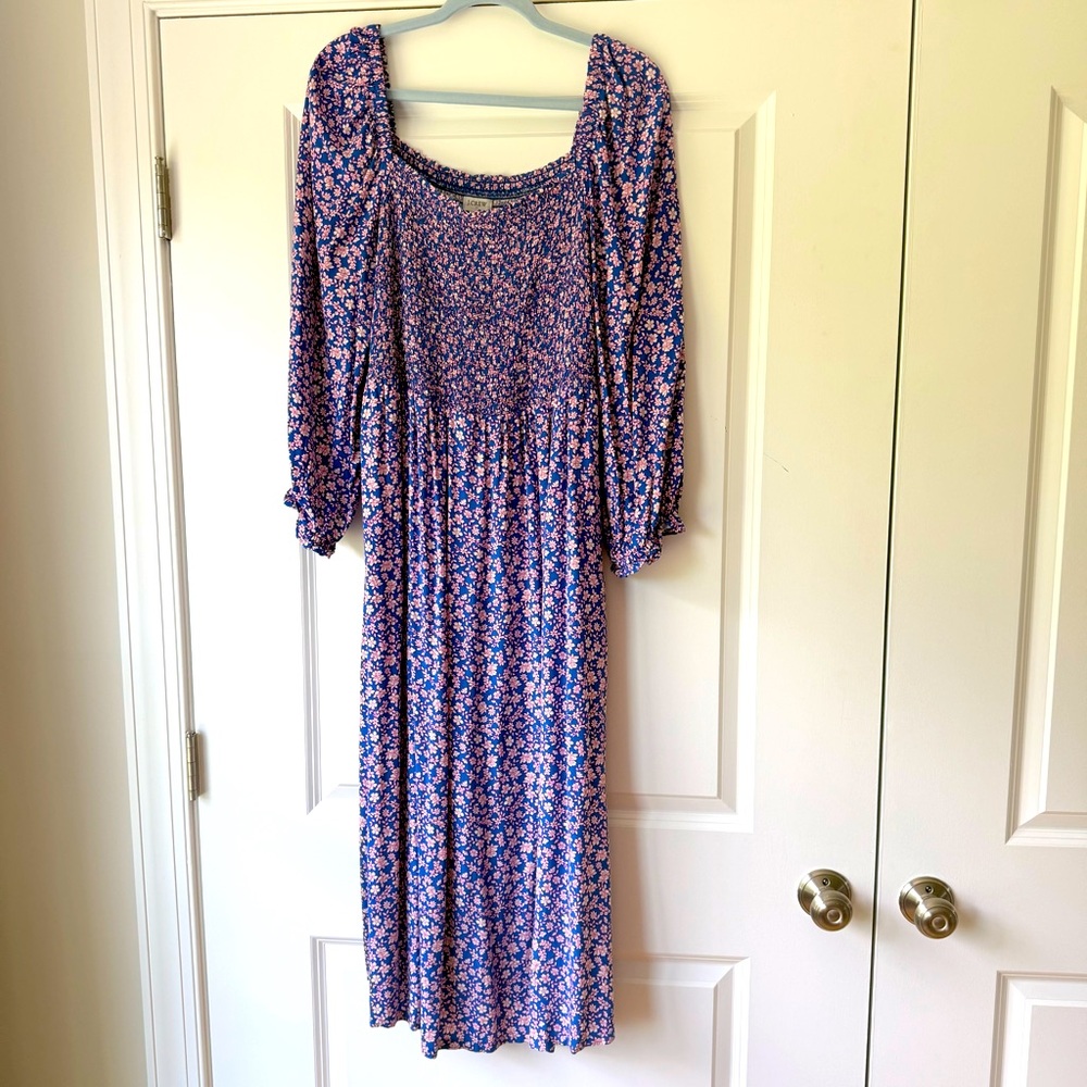 J. Crew Blue with Pink Floral Pattern, Smocked, Peasant-Style, Boho Dress, XL